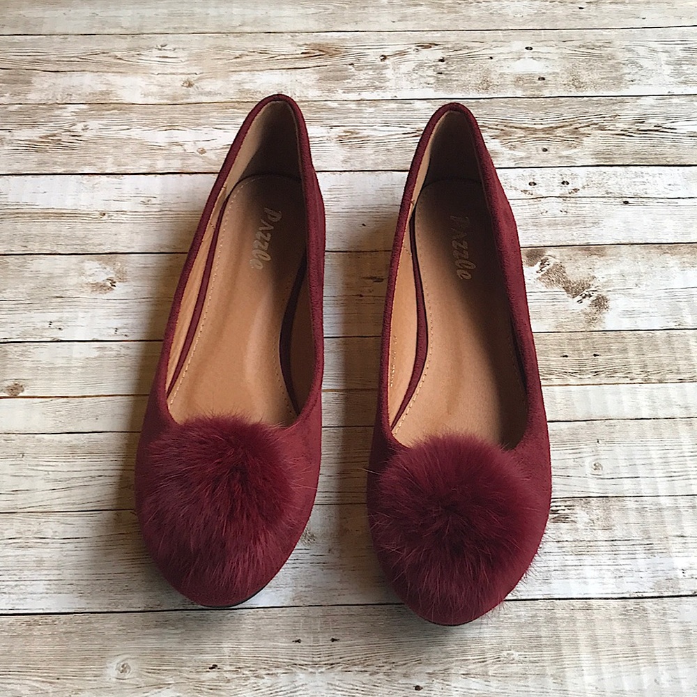 NWOT Pazzle Red Suede Pom Pom Flats Shoes Size 11